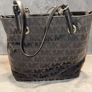 Michael Kors Black MK Logo Canvas Tote with Gold Hardware